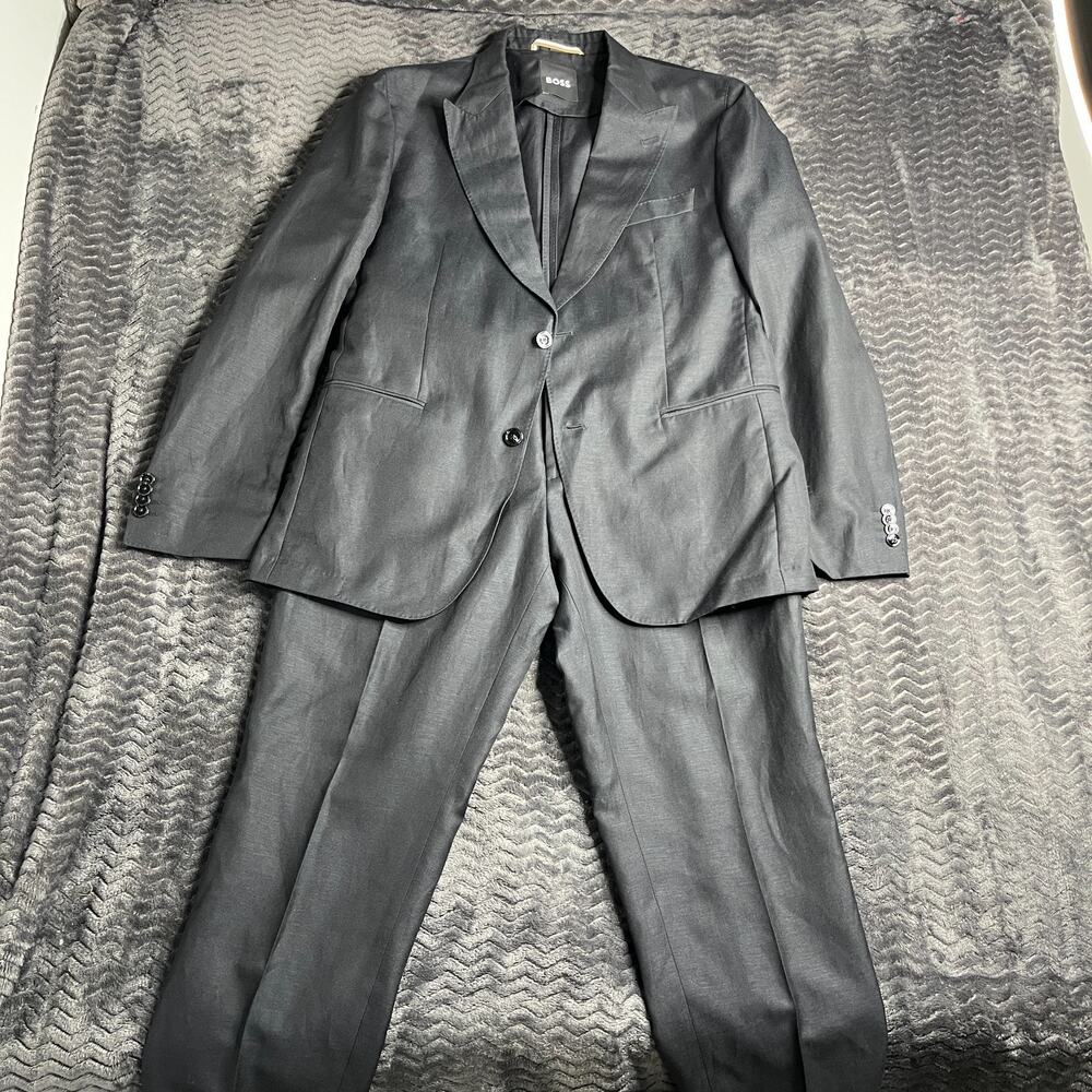 Hugo Boss Suit 42 R Mens Dark Grey Wool Linen Slim fit
